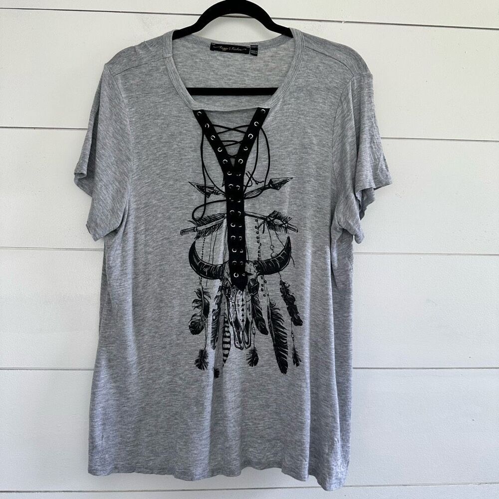 Rags II Riches Lace Up Graphic Short Sleeve Tee See Measurements